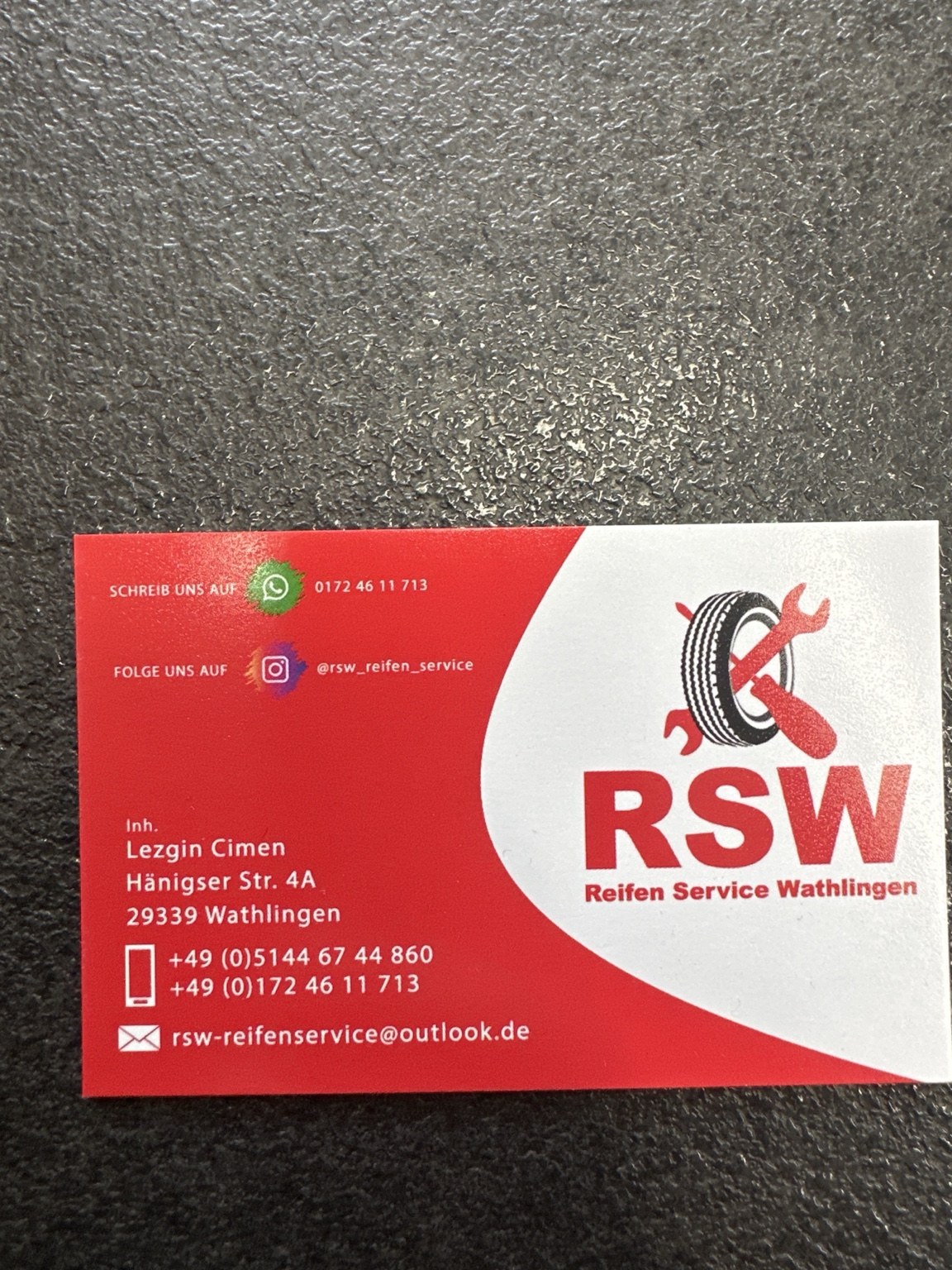 Visitenkarte von RSW Reifen Service Wathlingen